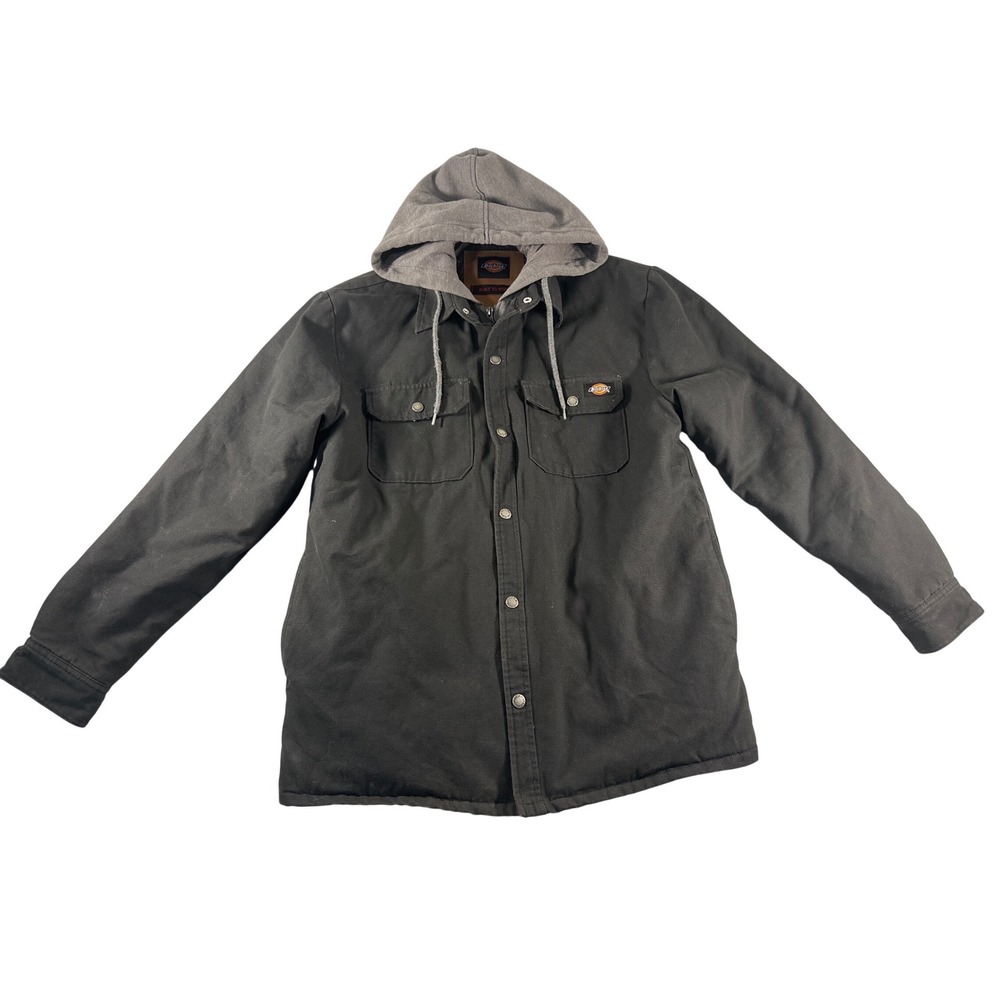 Dickies Mens Black Canvas Hooded Work Jacket Quilted Lined Shirt Jacket Size M